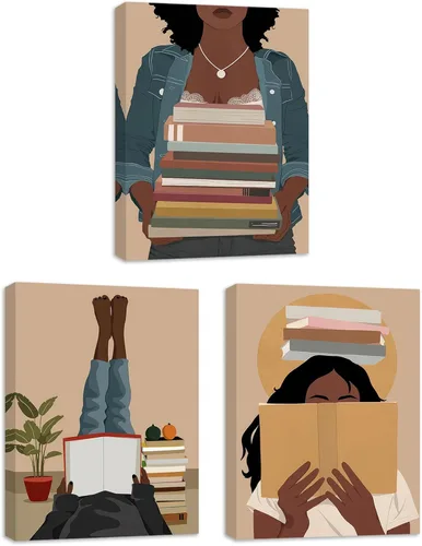 Vista 10 de Arte de pared bohemio afroamericano, decoración de pared de mujer negra, impresión en lienzo de niña negra, arte de lectura para mujer, decoración