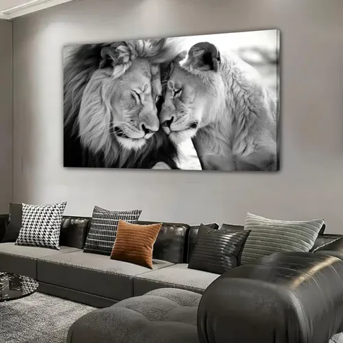 Vista 3 de LYUNSHUO Lienzo decorativo para pared, diseño de león y leona, animales en blanco y negro, imágenes de pareja, pintura abstracta de vida silvestre