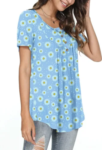 Vista 2 de POPYOUNG Women's Summer Tops Short Sleeve Tunic Loose Fitting Henley Shirts Button Down Blouses