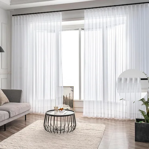 Vista 31 de Cortinas plisadas negras traslúcidas de 84 pulgadas de largo, 2 paneles para dormitorio, lino texturizado, ganchos transparentes para pista