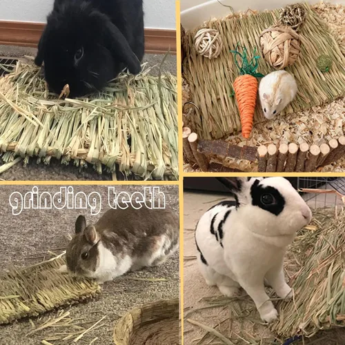 Vista 4 de kathson Alfombrillas de césped para conejo, cama tejida a mano natural de conejo, cama de heno para animales pequeños, nido de conejos, juguetes