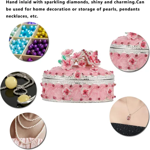 Vista 2 de Caja de joyería decorativa con diseño de flores de cerezo con bisagras, pequeña caja de joyería decorativa con cristales rosados para regalo