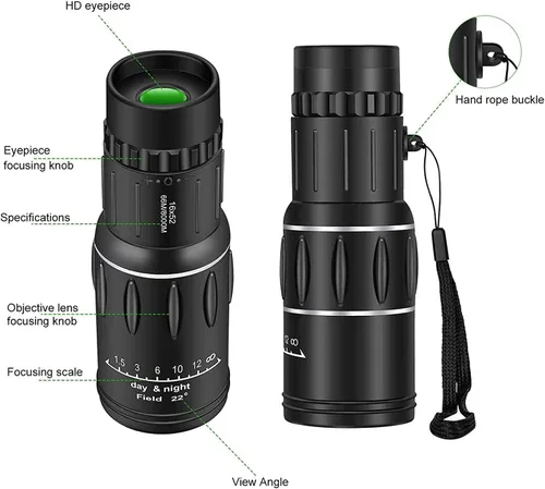 Vista 2 de Telescopio monocular de 16 x 52 pulgadas con soporte para teléfono inteligente y trípode monoculares compactos de prisma de alta potencia