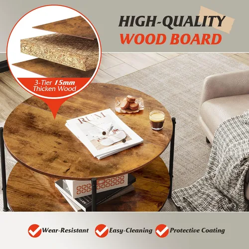 Vista 5 de WLIVE - Mesa de centro redonda, mesa de café pequeña de 32.6" con estante de almacenamiento, mesa de centro de madera de 2 niveles para sala
