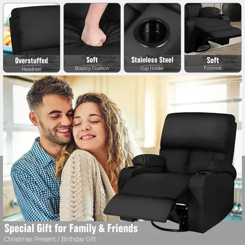 Vista 7 de LEVELEVE Silla reclinable mecedora, silla reclinable de masaje con masaje por vibración y calor, sillas giratorias de piel sintética de 360°, sala