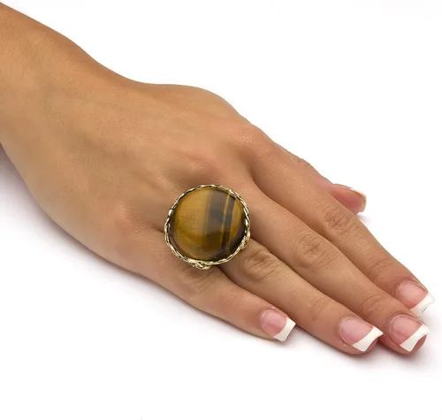 Vista 3 de Anillo de almohada de ojo de tigre marrón genuino chapado en oro amarillo de 14 quilates