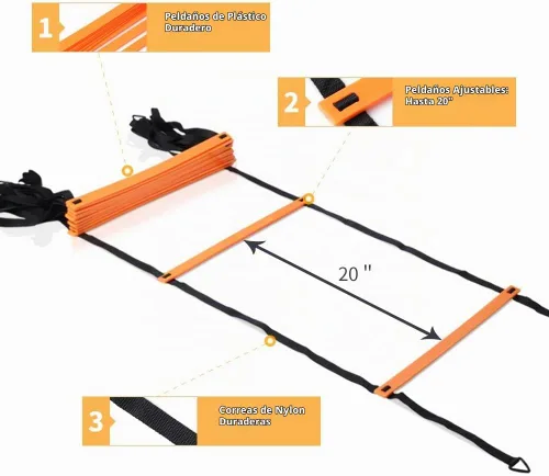 Vista 2 de YISSVIC Agility Ladder and Cones 20 Feet 12 Adjustable Rungs Naranja