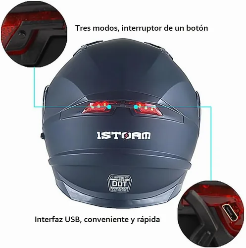Vista 5 de 1Storm Nuevo Casco Modular de Motocicleta con Visera Dual Cara Completa y Luz Trasera LED Recargable: Modular901 Fibra de Carbon Negro