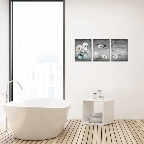 Vista 3 de Biuteawal 3 piezas de arte de pared de margaritas, pintura de flores y mariposas, citas inspiradoras, lienzo impreso, cuadro de arte floral