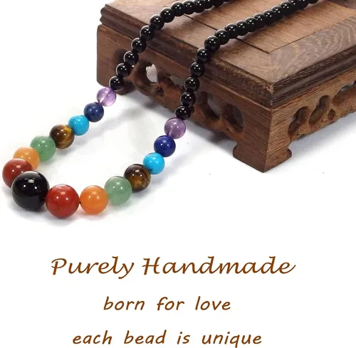 Vista 8 de Juego de collar y aretes de ágata negra de 7 chakras, collar de piedra natural, aretes de piedra de cristal curativo, Ágata negra, amatista púrpura