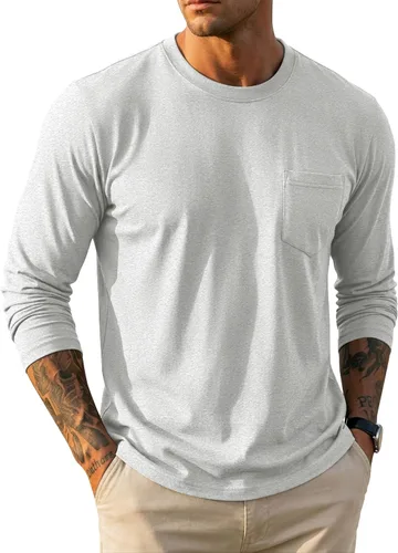 Vista 17 de MAGCOMSEN Camisa de manga larga para hombre con bolsillo, de algodón, cuello redondo, casual, ligera