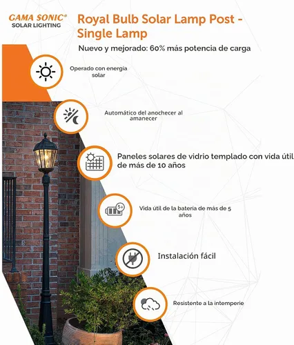 Vista 4 de Gama Sonic Lámpara solar para exteriores, aluminio fundido negro y paneles de vidrio biselado, bombilla real de 10 años, LED blanco cálido