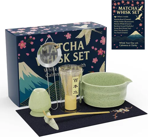 Vista 9 de Juego completo de 8 piezas de matcha – Kit de ceremonia de té matcha japonés con cuenco con estampado de gato, accesorios de bambú y herramientas