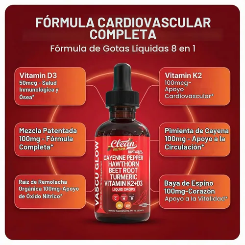 Vista 4 de Clean Nutra - Suplemento líquido de gotas de pimienta de cayena + bayas de espino, vitamina D3 K2 polvo de raíz de remolacha, canela de Ceilán