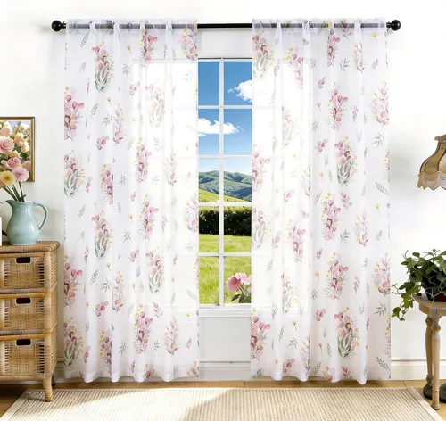 Vista 27 de youleyar - Cortinas florales transparentes para sala de estar, 54 pulgadas Cortina semitransparente blanca con estampado de flores/mariposas