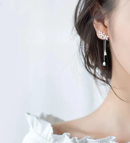Vista 2 de Sluynz - aretes de plata esterlina 925, con diseño de hojas, para mujeres, adolescentes. Cristales brillantes de zirconia cúbica, aretes colgantes.