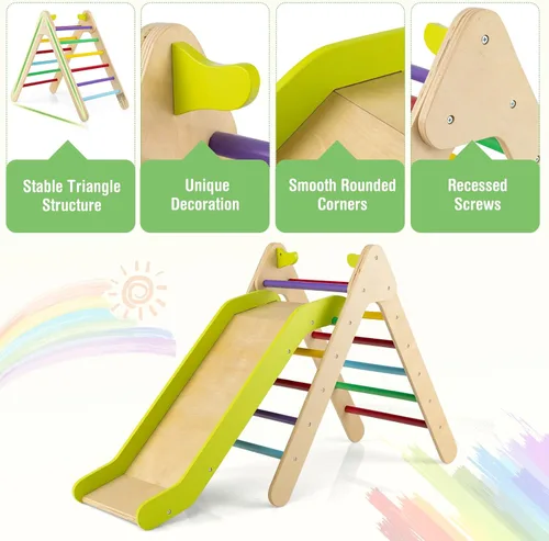 Vista 6 de HONEY JOY Escaladora triangular con rampa, escalera triangular para niños para guardería, gimnasio y parque infantil, juguetes de escalada Colorido