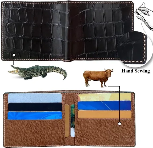 Vista 2 de HATA Cartera plegable de cocodrilo para hombre, hecha a mano para vientre o bocina con bloqueo RFID por vietnamita, Bifold- Black-Croc Belly-Hand