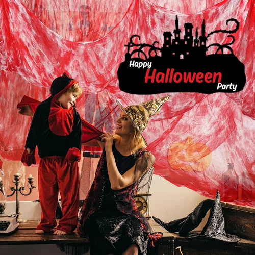 Vista 4 de Whaline Tela de gasa espeluznante roja de Halloween de 276 x 87 pulgadas, decoración de Halloween para casas embrujadas, suministros de fiesta