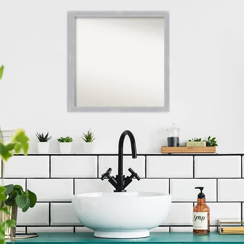 Vista 5 de Amanti Art Espejo de baño plateado para sobre el fregadero, 22 x 22 pulgadas, espejo cuadrado estrecho de níquel cepillado, marco de madera moderno