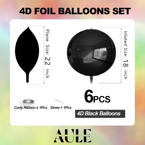 Vista 2 de AULE Decoraciones de globos negros para fiesta, paquete de 6, globos negros metálicos 4D gigantes de 22 pulgadas, globos redondos grandes de Mylar