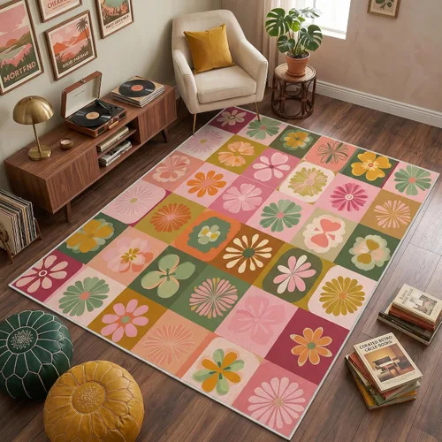 Vista 13 de YZO133 - Alfombra retro de los años 70, pequeña, lavable de 2 x 3 pulgadas, para entrada, diseño abstracto de ondas florales, decoración retro