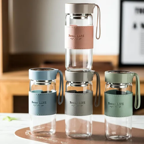 Vista 6 de Botella de Té de Vidrio de 16 oz Botella para Beber con Funda Antideslizante, e Infusor de Té de Acero Inoxidable, Tapa a Prueba de Fugas, Botella