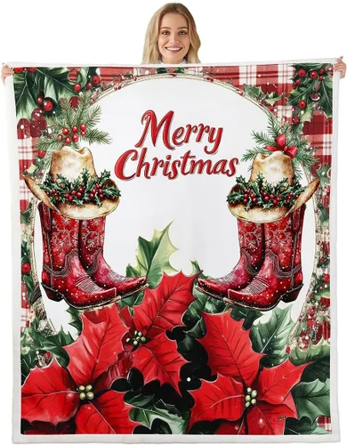 Vista 16 de Manta de cama Kawaii de Papá Noel, manta rústica de felpa con corona de Navidad para decoración rústica del hogar, manta de franela de flores rojas