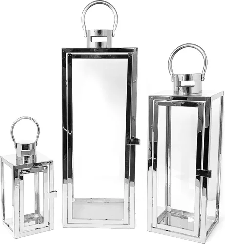 Vista 11 de Allgala Juego de 3 faroles gigantes de lujo de 23 pulgadas para interiores y exteriores, marco de acero inoxidable, vidrio templado, rectangular
