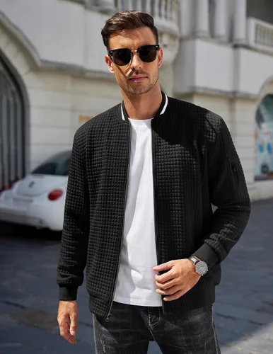 Vista 3 de COOFANDY - Chaqueta de suéter con cremallera para hombre, sudadera acanalada, bomber ligera, casual
