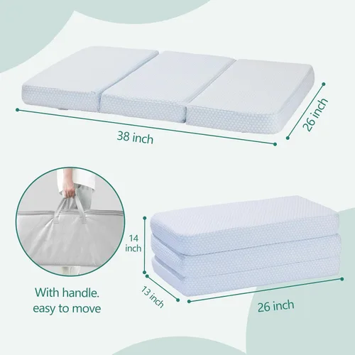 Vista 2 de Colchón de triple pliegue para jugar, 38 x 26 pulgadas, espuma viscoelástica transpirable de doble capa Portátil, bolsa de transporte incluida