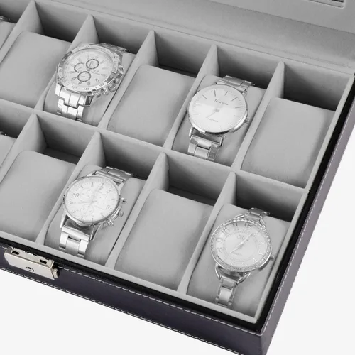 Vista 8 de Caja de reloj con 12 ranuras para reloj, organizador con parte superior de cristal, caja de almacenamiento de reloj negra para hombres y mujeres