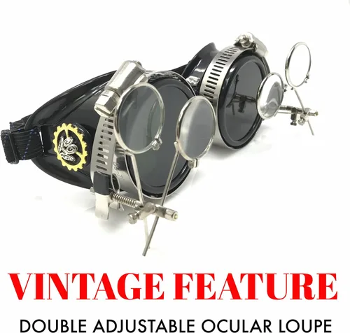Vista 2 de Steampunk - Gafas victorianas con doble clip en la lupa, Negro -, L