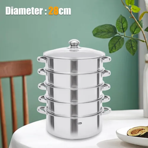 Vista 7 de Cocina de vapor de acero inoxidable de 5 capas, vaporizador de 11 pulgadas para cocinar alimentos, tapa de vidrio, adecuada para tamales, verduras