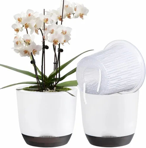 Vista 49 de QCQHDU 2 Pack 5.7 Inch Orchid Pots with Holes for Repotting, Double-Layer and Self Watering Orchid Pot with Good Air Circulation Verde