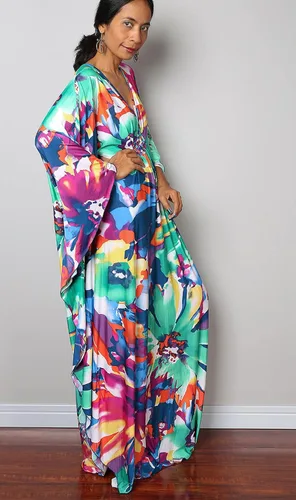 Vista 5 de Vestidos caftán para mujer con cuello ondulado, vestido de caftán, vestido de playa largo de gran