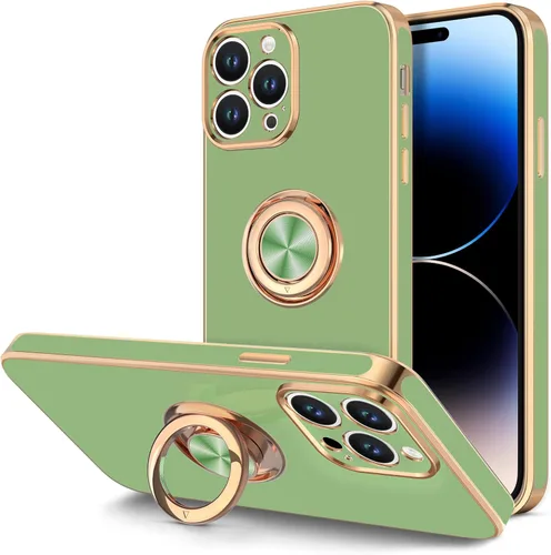 Vista 11 de Hython - Funda para iPhone 14 Pro con soporte de anillo [soporte magnético de anillo giratorio de 360°] [soporte para montaje en coche] Borde dorado
