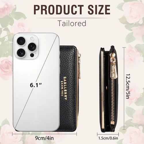 Vista 5 de Billetera pequeña para mujer, doble bordado, con flores, bloqueo RFID, piel sintética, con bolsillo con cremallera para mujeres y niñas (negro)
