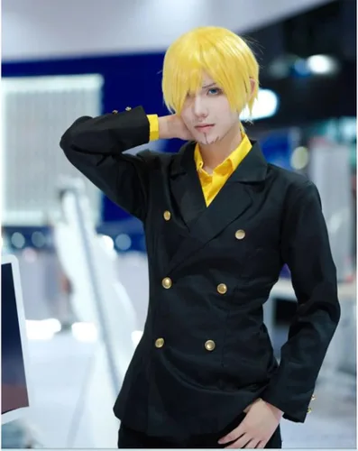 Vista 3 de Disfraz de anime de chef Sanji Cosplay negro vestido de traje de Halloween con peluca