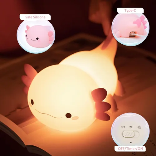 Vista 5 de Luz Nocturna de Axolotl, Linda Luz Nocturna para Niños, Lámpara Nocturna de Silicona para Guardería de Animales, Luz Nocturna LED Recargable