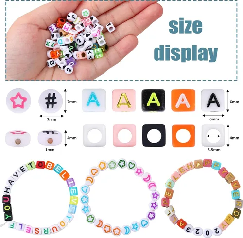 Vista 3 de QUEFE 2000 cuentas de letras en forma de cubo para pulseras, cuentas de números del alfabeto de 9 colores con 1 rollo de cuerda elástica