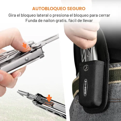Vista 3 de PERWIN Multiherramienta, alicates multiherramienta de acero inoxidable 17 en 1 con autobloqueo, cuchillo de bolsillo, funda de nailon