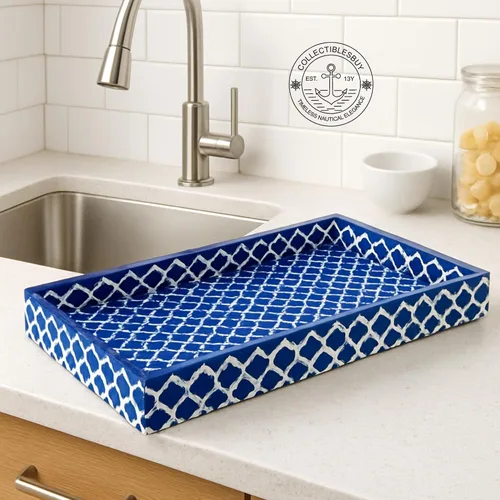 Vista 6 de Bandeja de servir hecha a mano con incrustaciones de hueso, bandeja de desayuno de damasco marroquí azul y blanco, bandeja rectangular de madera