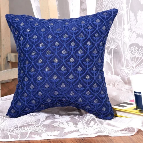 Vista 2 de Fundas de cojín decorativas azules pequeñas de 12 x 12 pulgadas, fundas de almohada bordadas con lentejuelas para sofá cama, paquete de 2 fundas