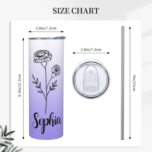 Vista 5 de Regalos personalizados para mujeres, vaso delgado personalizado con nombre, flor de nacimiento, vaso aislado personalizado con tapa y pajita, regalo