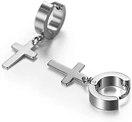 Vista 4 de YZstyle Stainless Steel Cross Dangle Huggie Hinged Hoop Earrings for Men Women BlackSilverGold