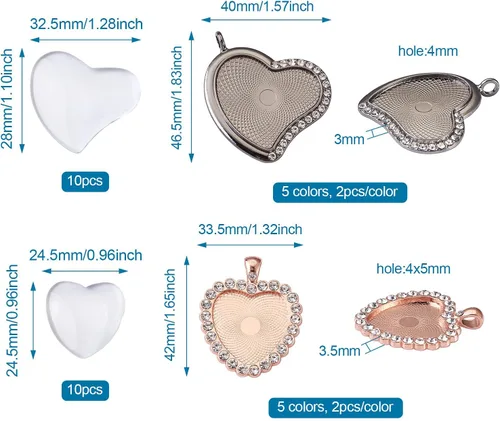 Vista 3 de Craftdady 20 bandejas colgantes de bisel de diamantes de imitación de corazón, base de camafeo, cabujón en blanco con cabujones de vidrio