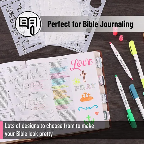 Vista 5 de Mr. Pen - Juego de plantillas para diario bíblico, 4.2 x 7 pulgadas, 14 hojas Plastic Stencils for Bible Study, Journals, Planners, Scrapbooking