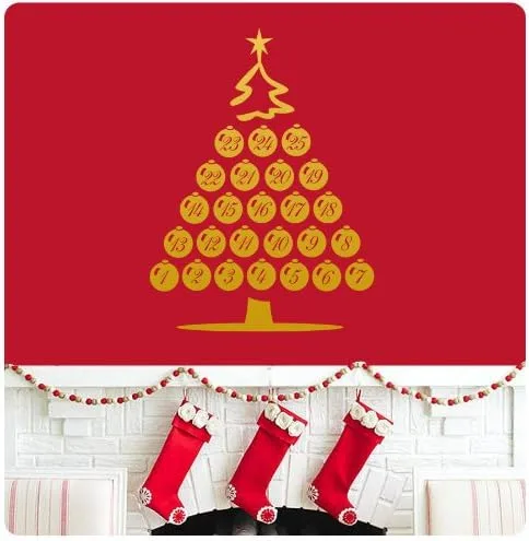 Vista 5 de Calcomanía de pared con forma de árbol de Navidad con forma de calendario de Adviento de diciembre, calcomanía de pared con texto en inglés «Merry