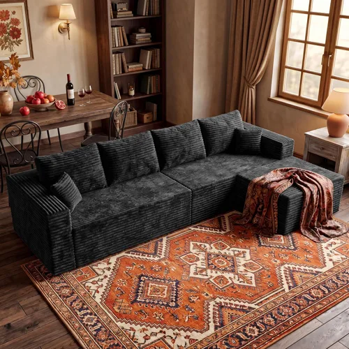 Vista 26 de Sofá modular en forma de L de 118 pulgadas, moderno sofá modular de pana de espuma viscoelástica de 4 plazas con otomana, asiento profundo tapizado